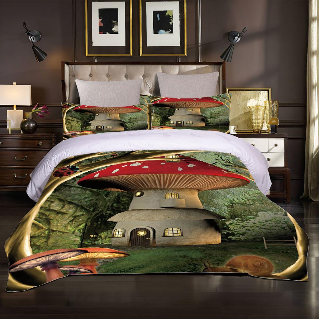 Queen Bettwäsche-Set 3D Bettbezug Pflanzen Pilz Stil Bettdeckenbezug Dreiteiliges Set Full Size Für Mädchen Jungen Schlafzimmer Deko