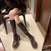 Women Fashion Boot Autumn Winter Thick Heel Roughened Elastic Korean round Toe Mid Calf Rubber Outsole