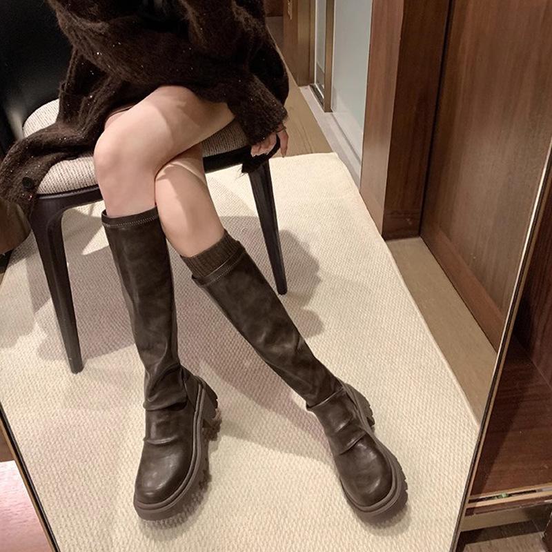 Women Fashion Boot Autumn Winter Thick Heel Roughened Elastic Korean round Toe Mid Calf Rubber Outsole