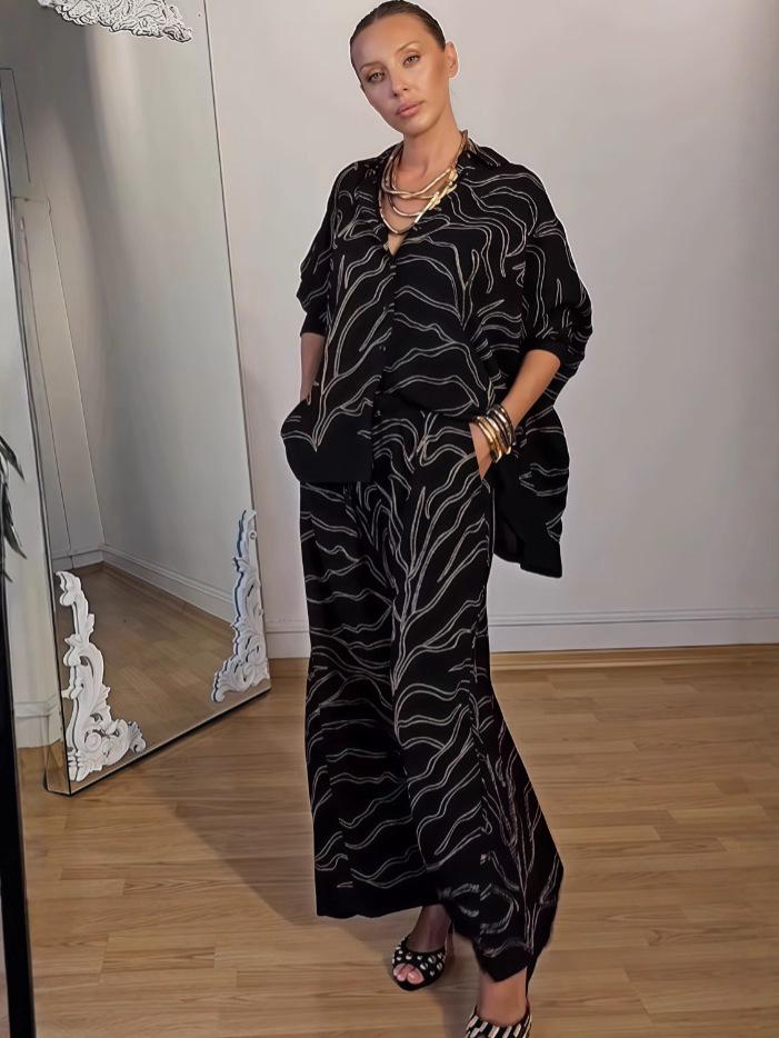 European & American Autumn Print Two-Piece Set: Long Sleeve Top & Wide Leg Pants