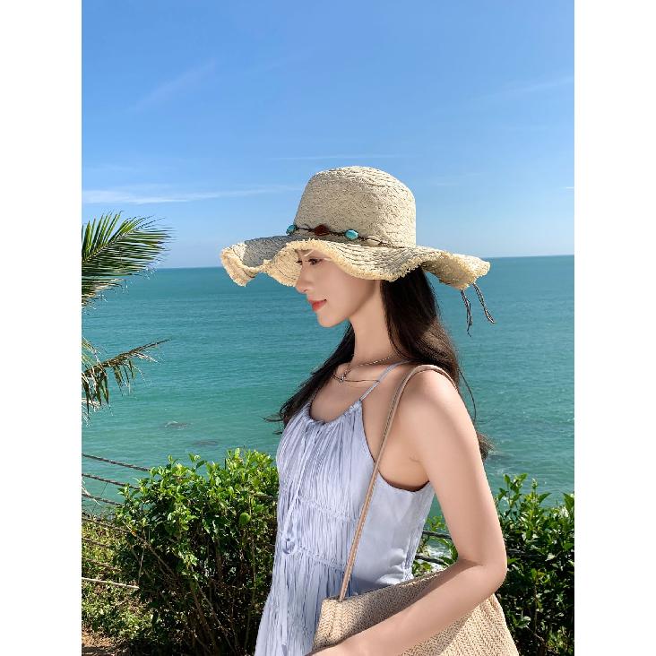 Wide-brimmed beaded sunshade straw hat for women, summer seaside vacation beach hat, fashionable face-shading French-style sun hat