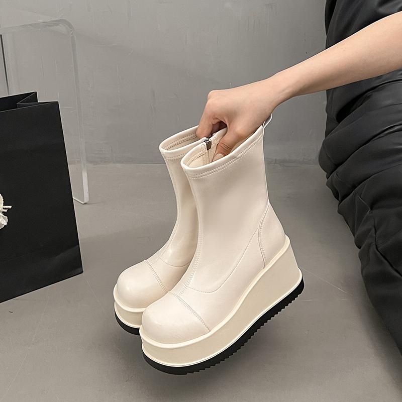 Fashion 8cm Microfiber Leather Platform Boots Women Female Autumn Wedge Boots Zip Women Winter Boots Ankle Shoes High Top