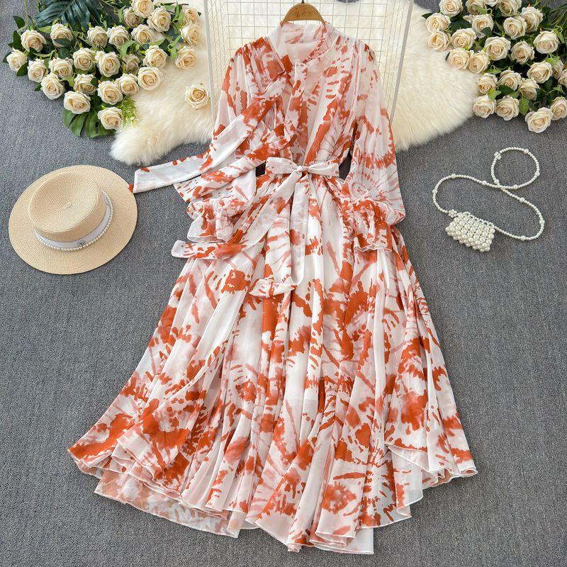 

Elegance Graceful Spring Clothing Long Big Swing Chiffon Dress Orange 2XL