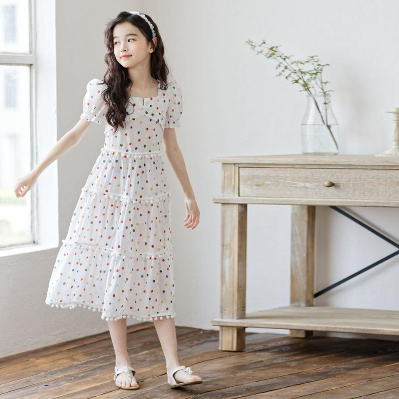Kids Big Girls Korean Style Polka Dot Short Sleeve Fringe Hem Long Princess Dress