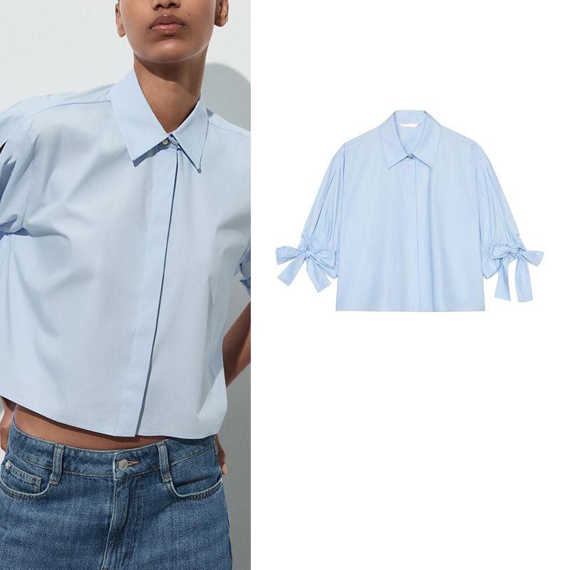 Summer New Product Women's Clothes Jewelry Button Decoration Cute Bowknot Decoration Poplin Lapel Short Shirt 2298094