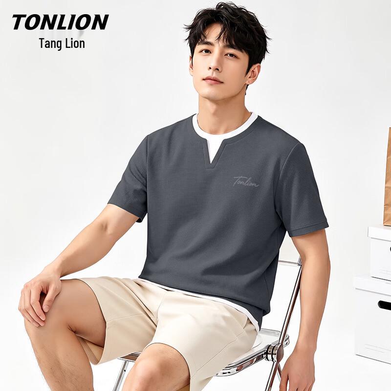 

TonLion Men s Waffle Knit Faux Layered Short Sleeve T-Shirt L