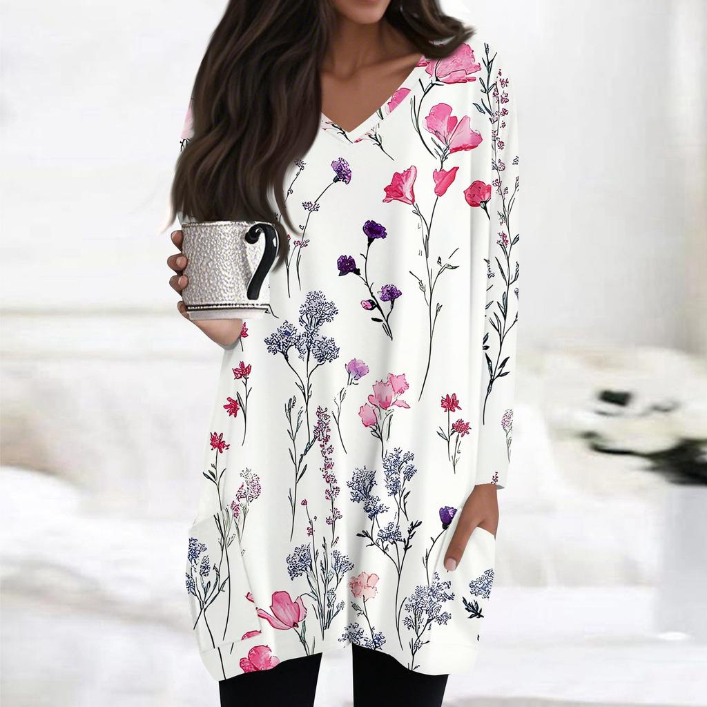 Damen Oberteile V-Ausschnitt Langarm Blusen Lässige Mittellange Hemden Mode Druck Tunika Oberteile Mit Taschen