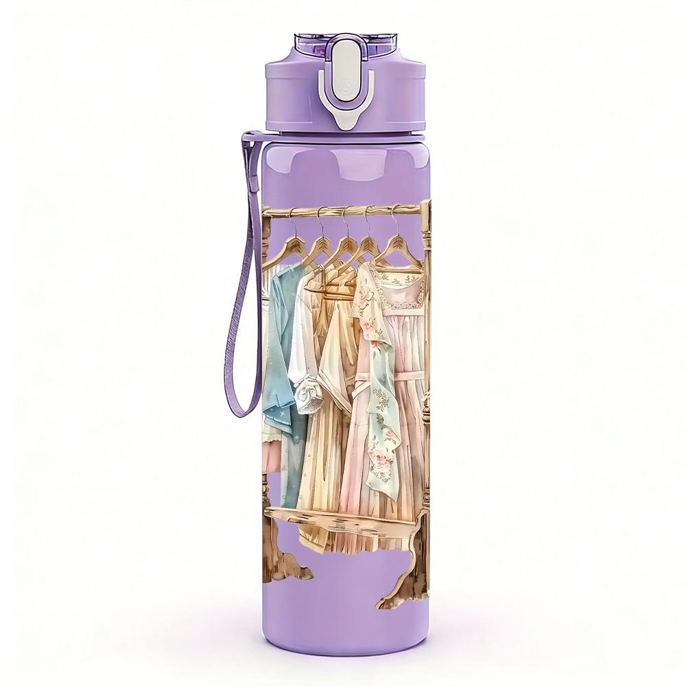 1PC Vintage Clothes Hanger Dress Pattern 750ml Color Plastic Sports Water Bottle Leakproof Flip Straw Lid Suitable for Sports Office Home Use