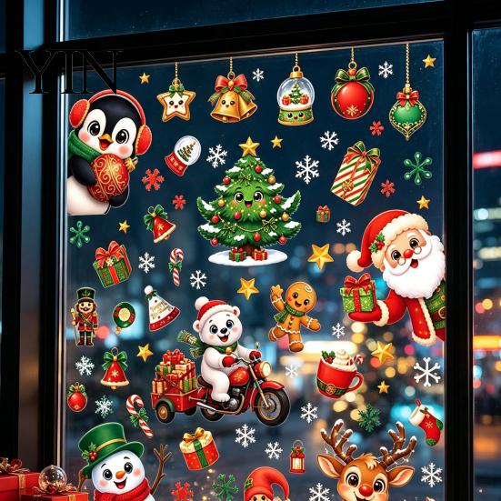 Winter Seasonal Room Decor 6Pcs Christmas Window Cling, Santa Snowman Penguin Reindeer Static Glass Cute Cartoon Adhesives Decals for Storefront,