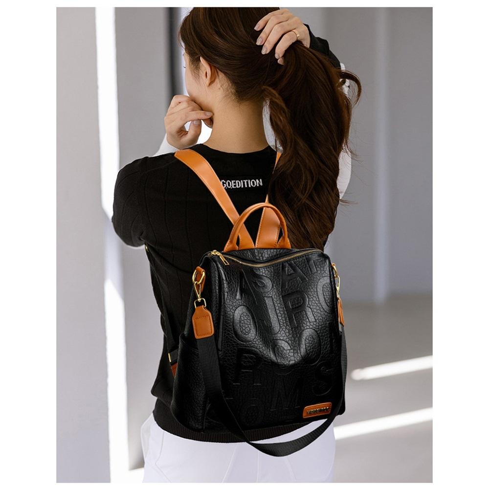 Embossed Letter Convertible Backpack For Women Color Block Casual Commuter Bag