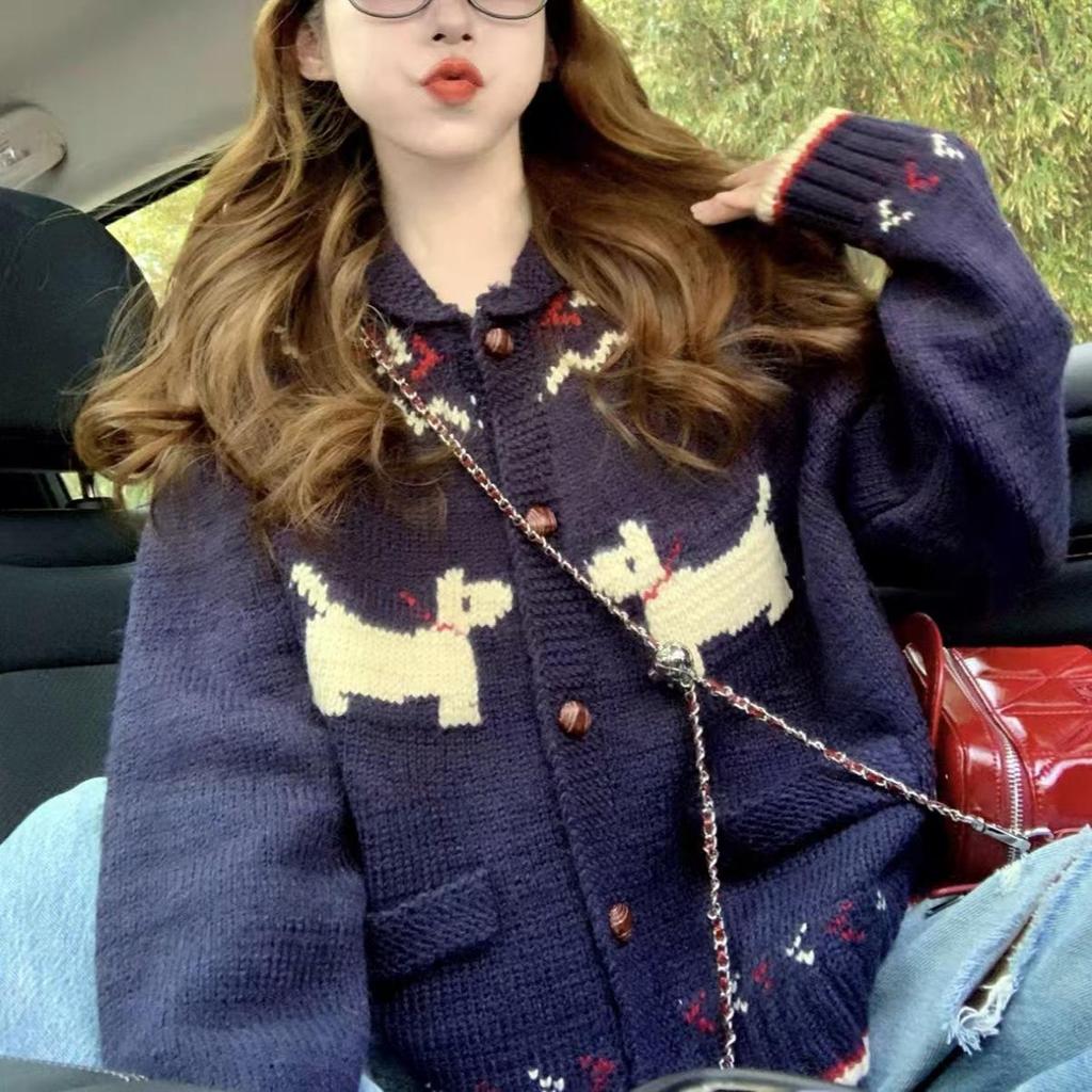 Women's Retro Fair Isle Dog Knit Cardigan - Loose, Lazy Style for Autumn/Winter 2026