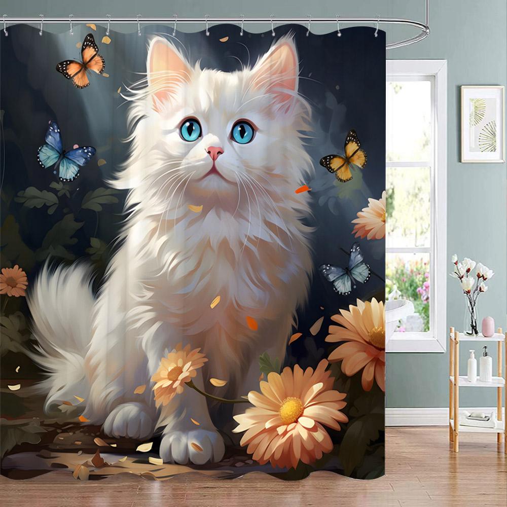 Funny Animal Shower Curtain Cute Cat in Flower with Butterfly Fluttering Polyester Fabric Washable Shower Curtain Bathroom Decor