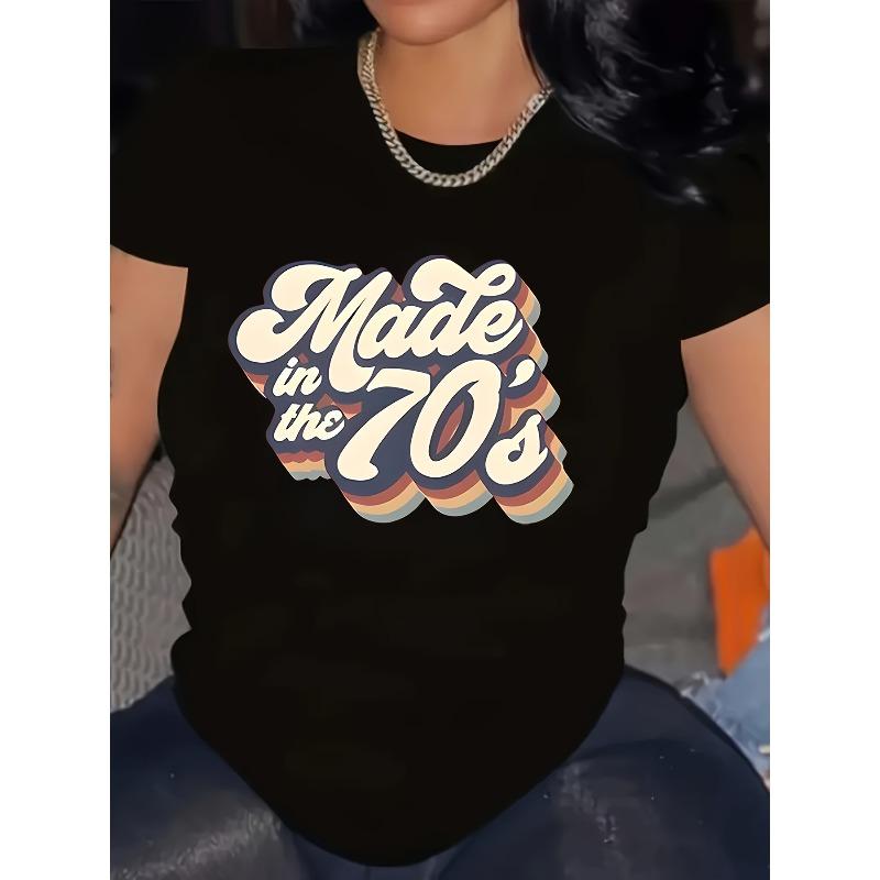 

Womens Plus Size 70S Vintage Pattern Oversized T Shirt Black Stretchy Casual Round Neck Machine Washable Fashion Top 4XL чорний