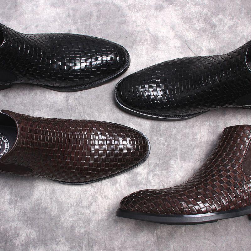 Men's Korean Style Woven Leather Slip-On Chelsea Boots