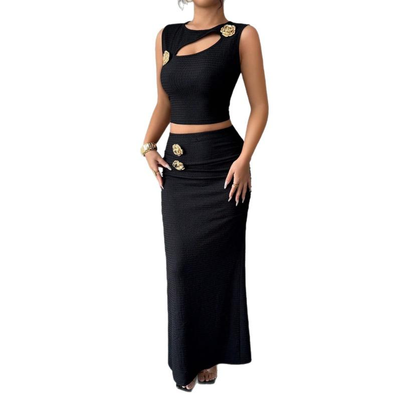 Women Solid Metal Hollow Textured Sleeveless Top Hip Wrap Long Skirt Two Piece Set