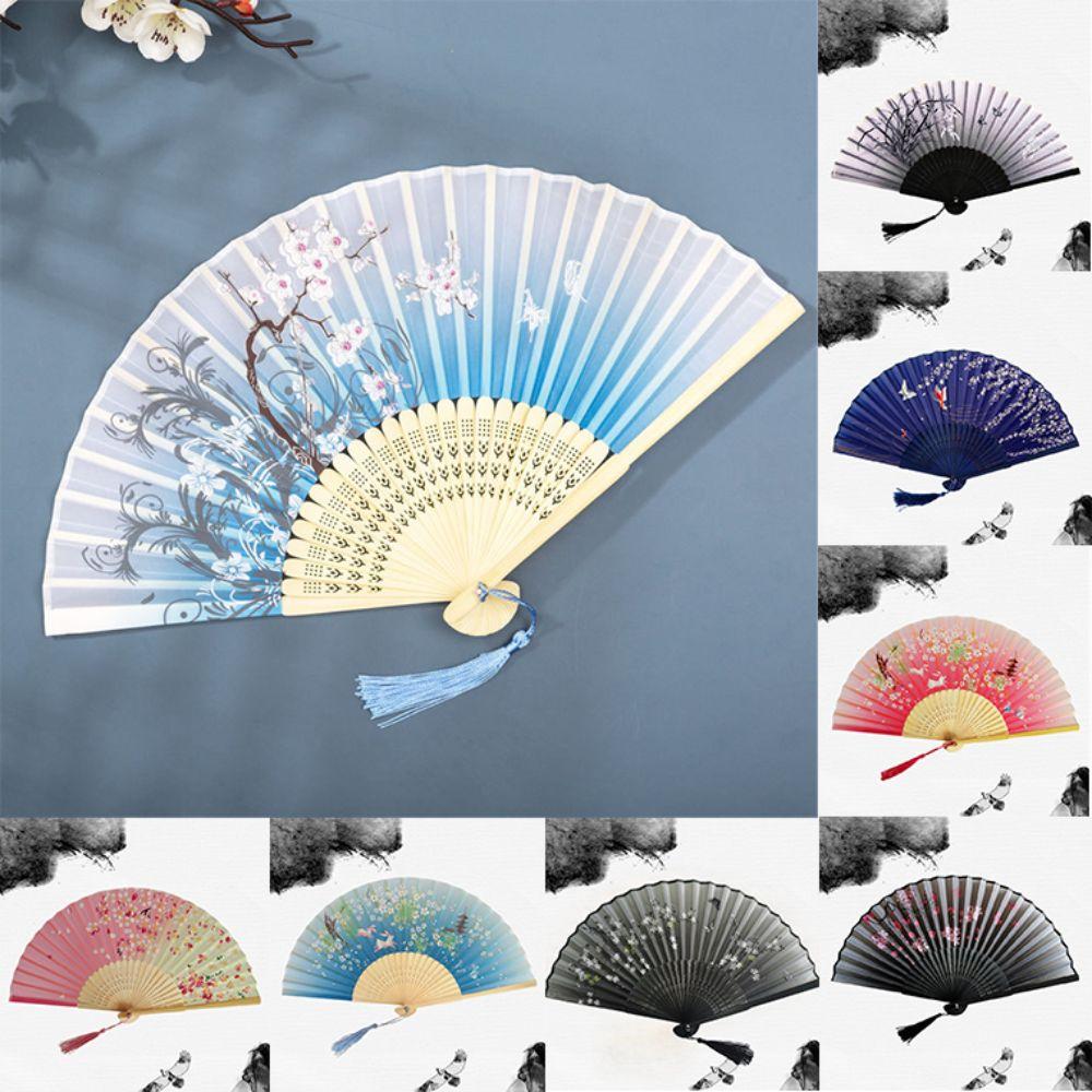 Flower Pattern Classical Folding Fan Tassel Cloth Art Chinese Style Fan Wooden handle Retro Classical Dancing Fan