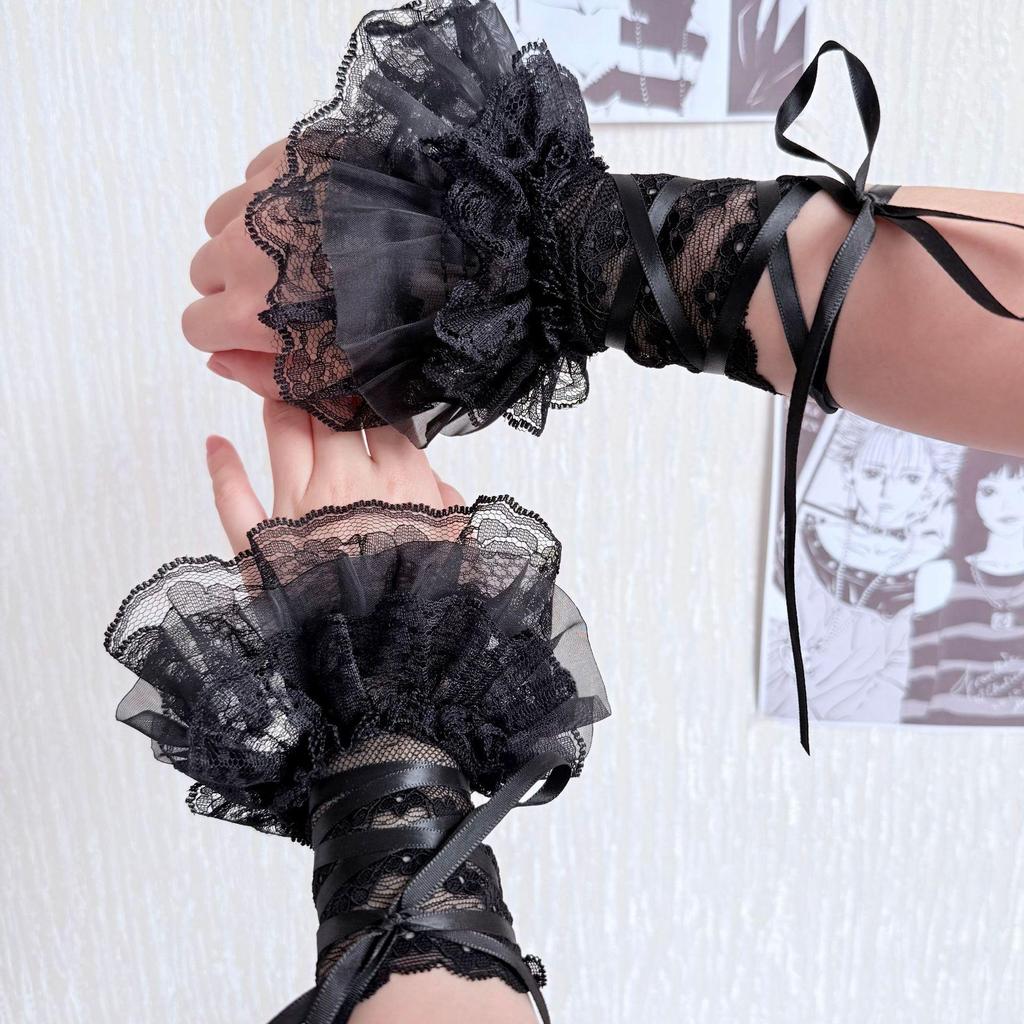 Lolita Y2K Style Sexy Lace Gloves Sweet Ruffled Tulle Fingerless Mittens Elegant Ribbon Tie Wrist Cuffs Anime Cosplay Gloves