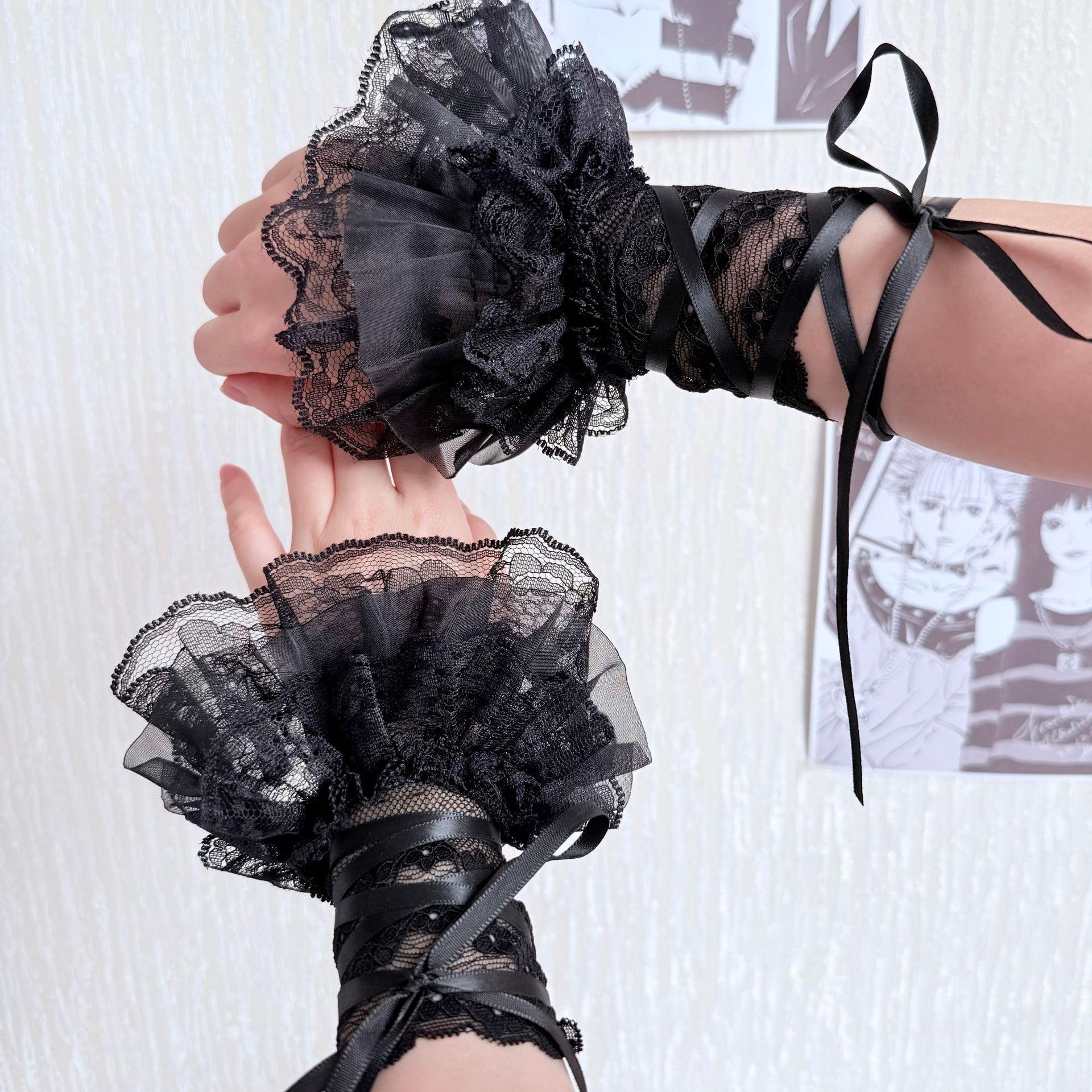 

Lolita Y2K Style Sexy Lace Gloves Sweet Ruffled Tulle Fingerless Mittens Elegant Ribbon Tie Wrist Cuffs Anime Cosplay Gloves чёрный