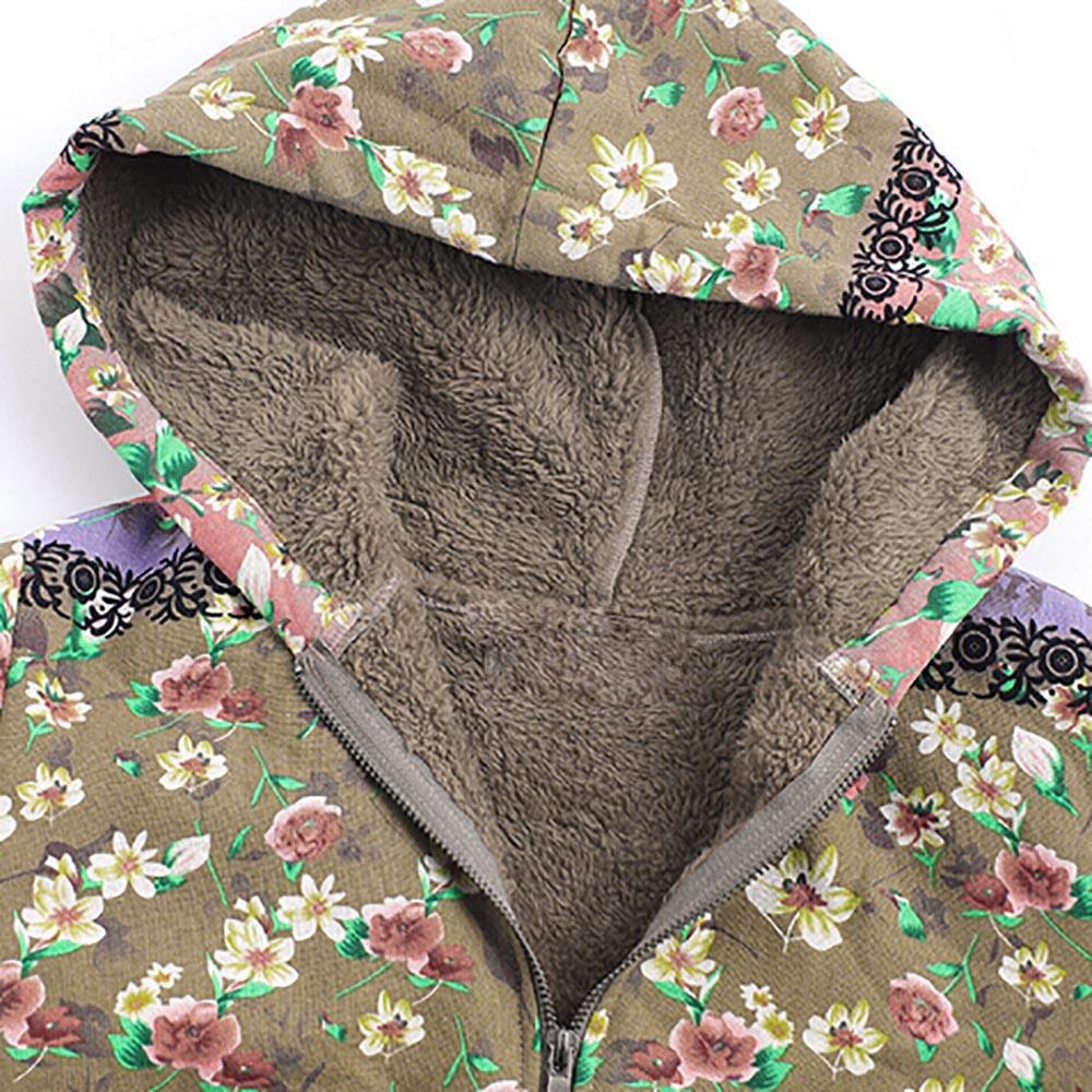 Plus Size Women Hooded Long Sleeve Vintage Ladies Fleece Thick Coats Zipper Coat