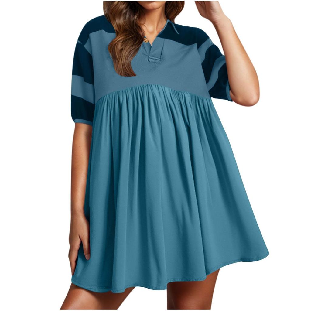 Women Babydoll Dress Striped Colorblock Pleated Oversized Short Sleeve Collar T-Shirt Dress