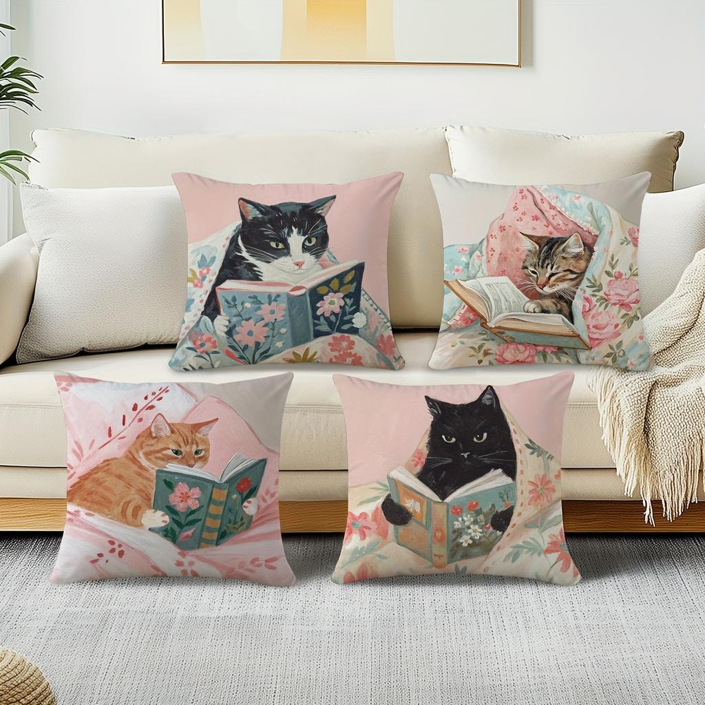 Cute Cat Pattern Cushion Cover Machine Washable For Living Room Sofa Decor Cat Lover Gift Ultra Soft Comfortable Modern Style