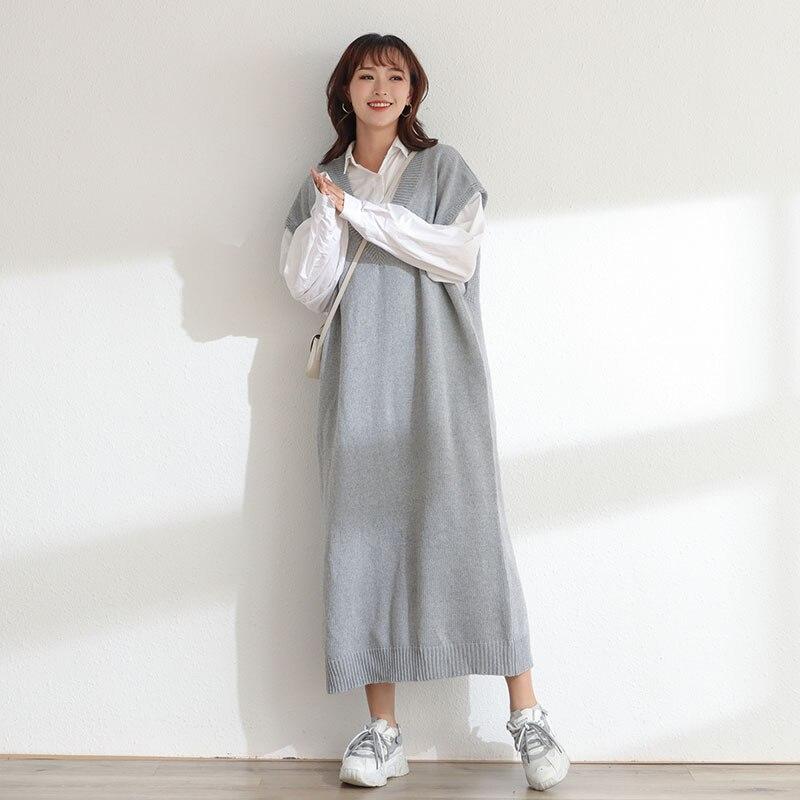 DIMANAF Dames Trui Jurk Winter Herfst Oversize Nieuw Breien Mouwloos Vest V-hals Vrouwelijk Basic Effen Losse Trui