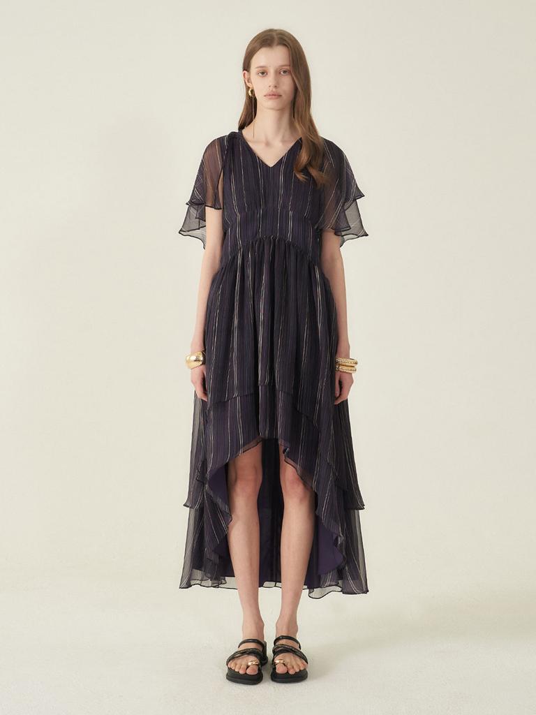 Kaie Striped Silk Flutter Sleeve Asymmetrical Dress