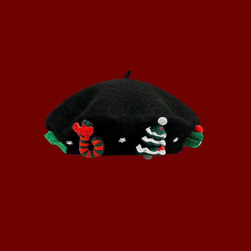 Poinsettia Red Bow Beret for Women, Korean Style Wool Painter Hat, Sweet Festive Photo Accessory That Brightens Your Look