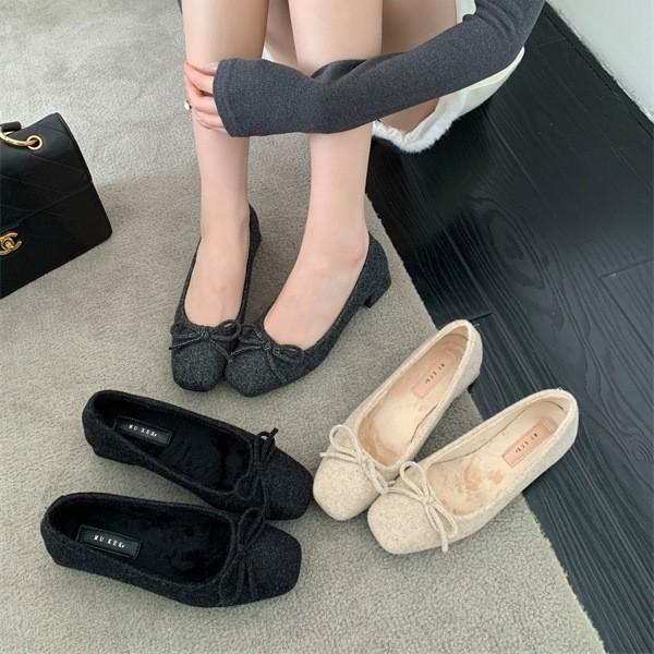 2025 Autumn and Winter New Square Head Thick Heel Doudou Shoes Bow Mao Mao Shoes Fashionable Versatile Cotton Shoes