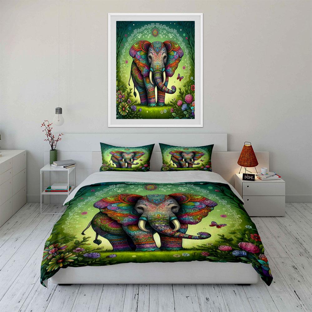 Colorful Elephant Art Decor Set Bedding Set With 1 Duvet Cover 2 Pillowcases Single Double King Queen, Gift