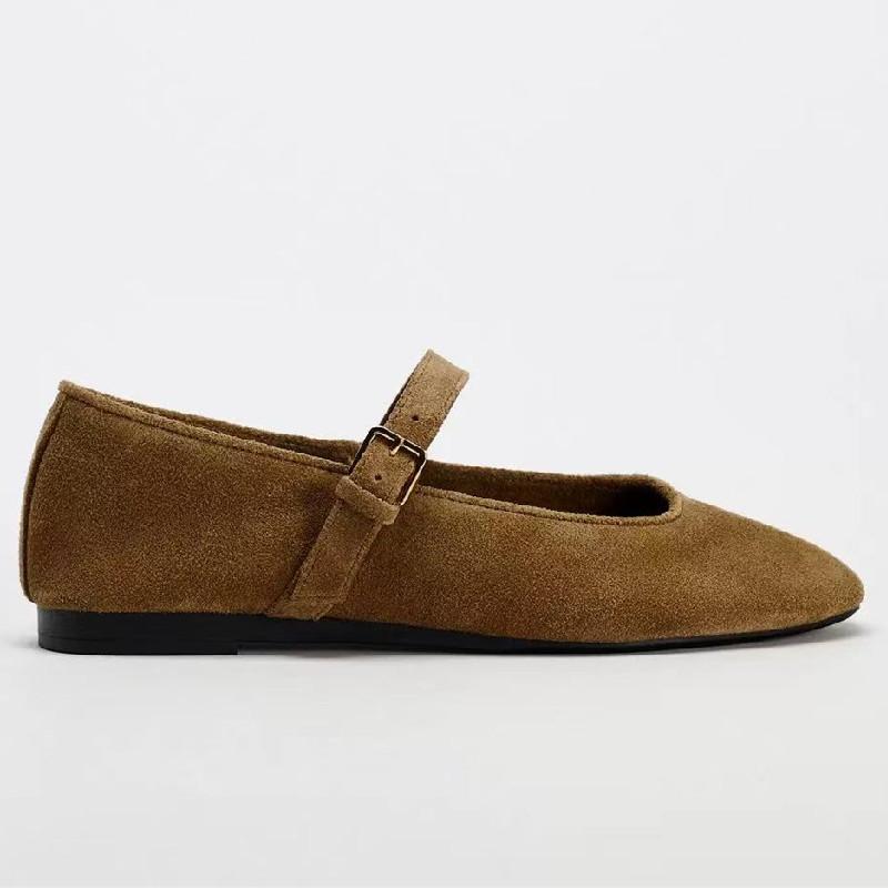 Hochwertige Wildleder-Optik Ballerinas Damen Retro Braune Schnalle Mary Jane Schuhe Mode Gemütlich Schuhe Zapatos De Mujer