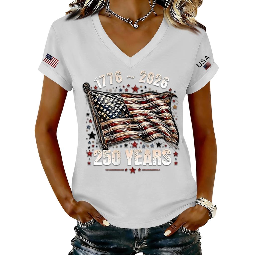 Modisches Damen-T-Shirt mit V-Ausschnitt, lässig, im Retro-Print, kurzärmelig