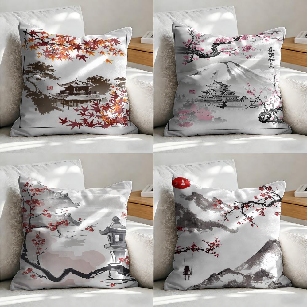 Japanese Pagoda Landscape Cushion Cover Soft Short Plush Pillow Cover Smooth Cozy Texture Aesthetic Cushion Case Home Decor
