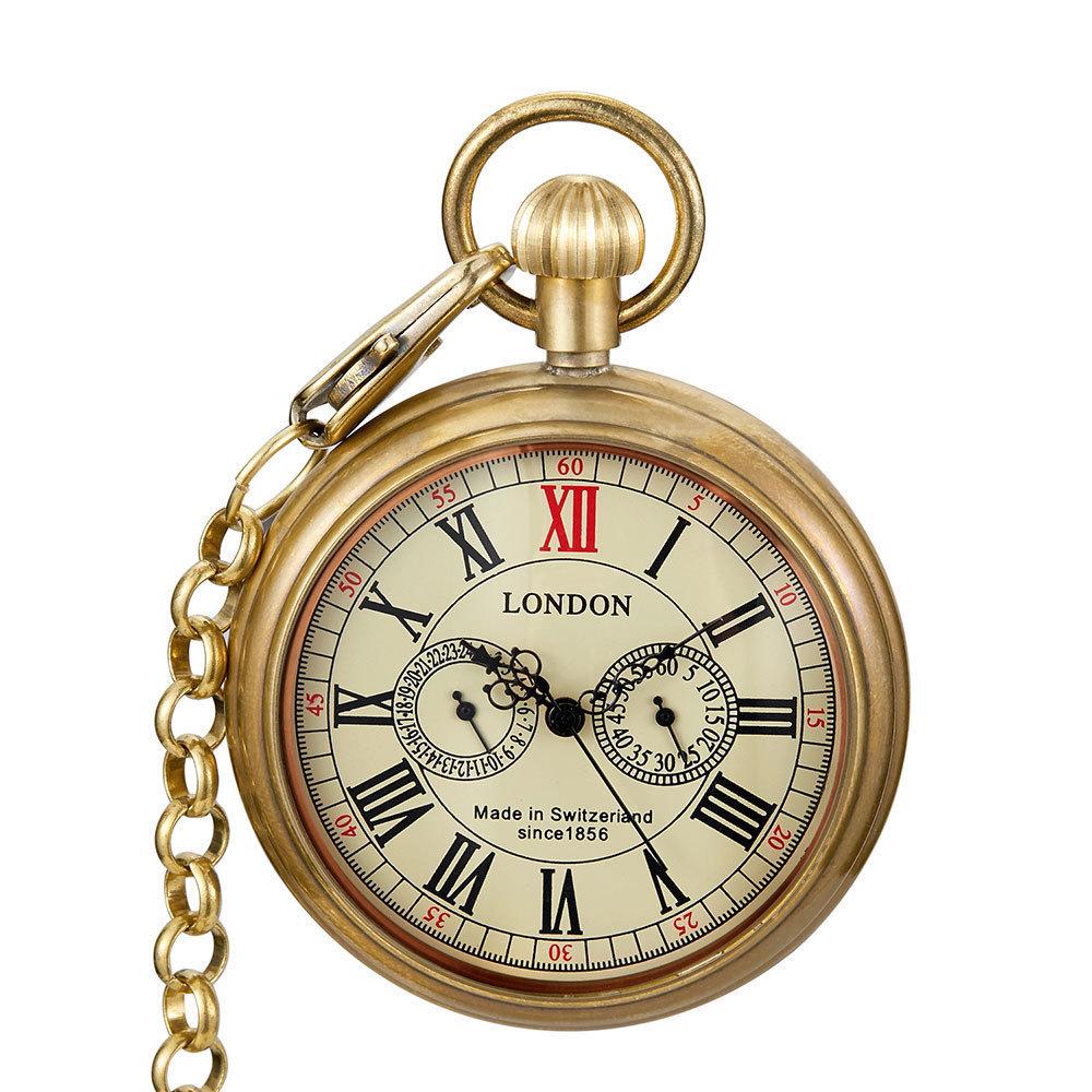 Brass Uncovered Roma Five-Pin Manual Mechanical Large Pocket Watch