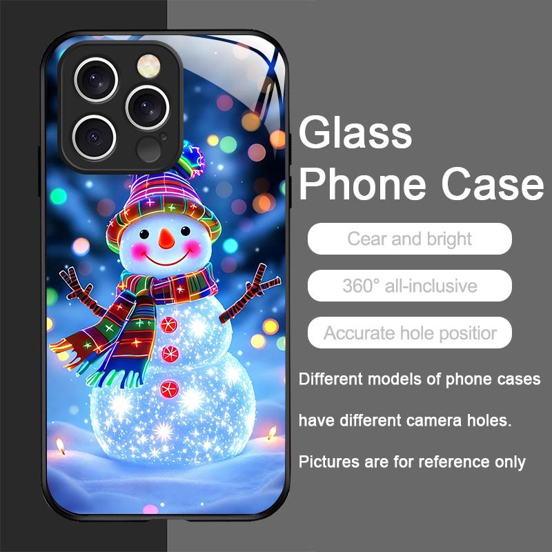 Winter Christmas Snowman Pattern Tempered Glass Phone Case for IPhone 16 Pro Max 16e 15 14 13 12 Mini 11 X XS 7 8 14 Plus Cover