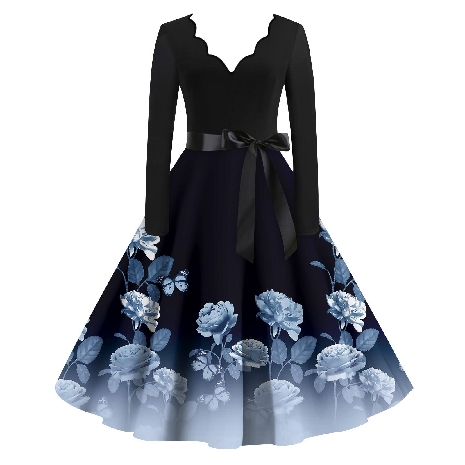 Women s Casual Fashion Long Sleeve Retro Graphic Printed Vintage Long Dresses S