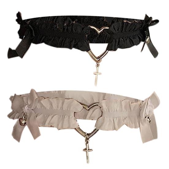 1 pz. Cinghia per anello da gamba con cuore e croce, decorazione con fiocco, elastico antiscivolo, cintura in pizzo gotico, giarrettiera per gamba, Lolita Cosplay, bondage