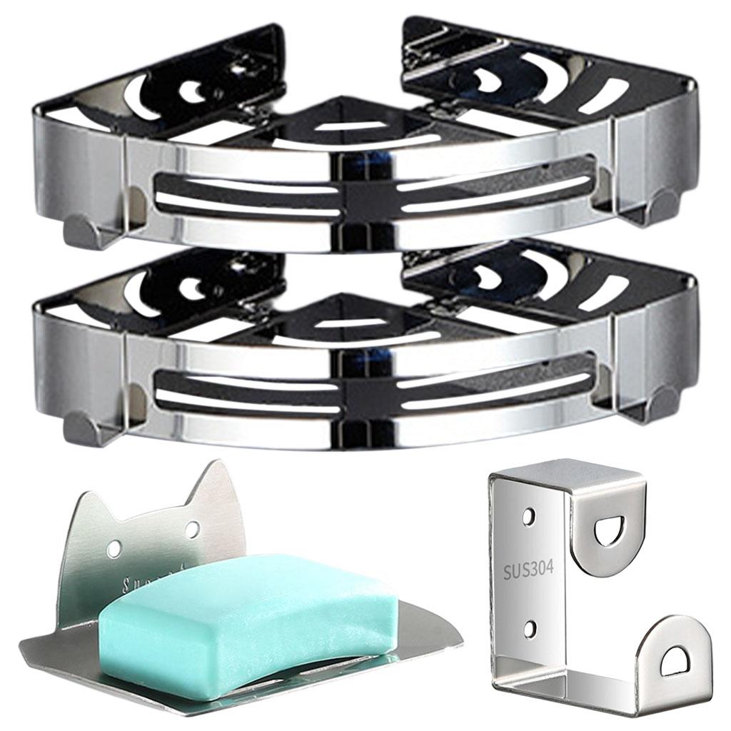 Bathroom Shower Corner Shelf with Two Hooks Stainless Steel, Wall Mount Shelves