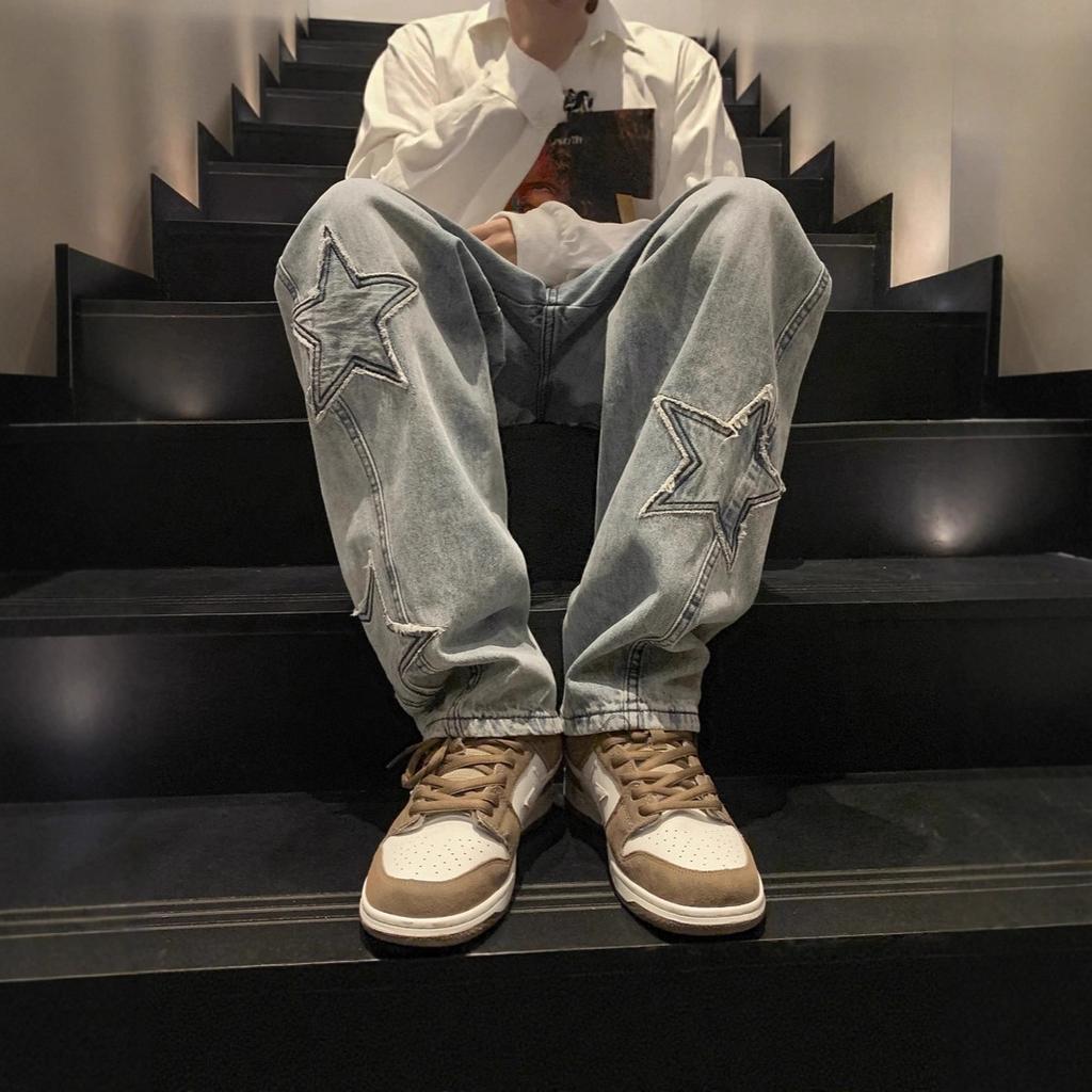 JYL Men's Wide-Leg Jeans  Autumn Thin American High-Street Vibe Washed Denim