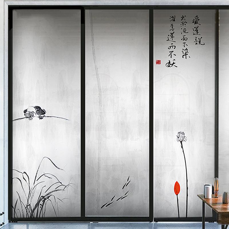 Chinese Landscape Art Window Stickers Chinese Ink Calligraphy Painting Glass Film Privacy Static Cling Frosted Decor Window Film