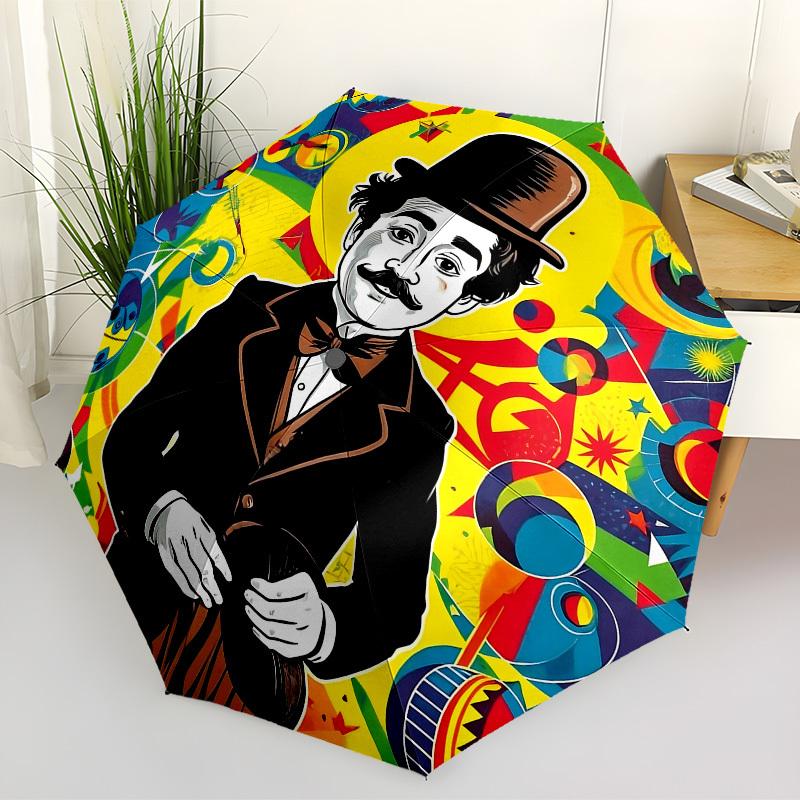 1pz Ombrello Pieghevole Automatico Charlie Chaplin, Design Pieghevole Portatile, Accessorio Casual da Esterno L1127016