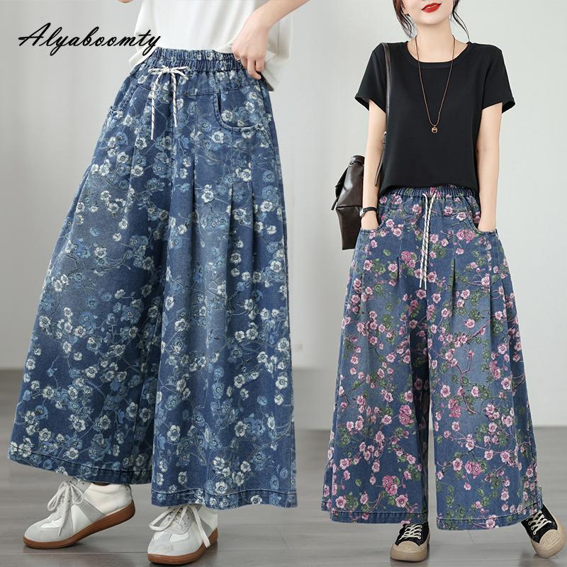 2026 Plus Size Summer Spring Women Wide Leg Jeans Elastic Waist Drawstring Blue Pink Floral Print Jeans Vintage Stylish Ladies' Denim Trousers