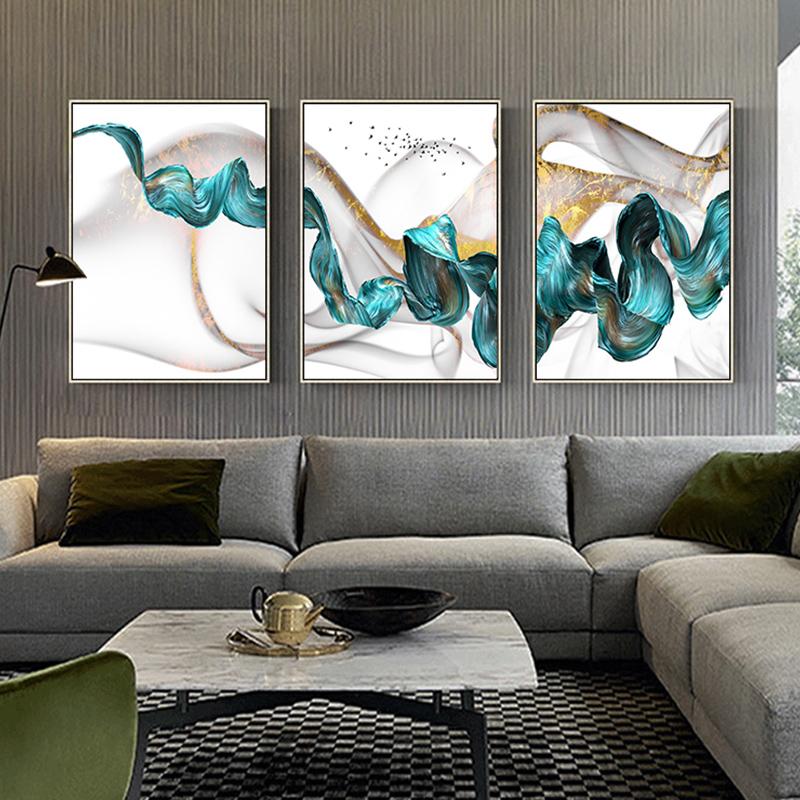 Abstract Canvas Painting Luxurious Home Wall Art Poster Golden Blue Posters and Prints Living Room Home Decor Picture No Frame