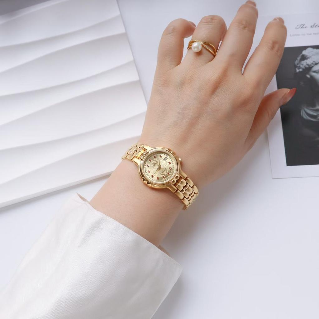 Vintage Style Gold Plated Women's Watch Red Rhinestone Dial Analog Quartz Dress Wristwatch