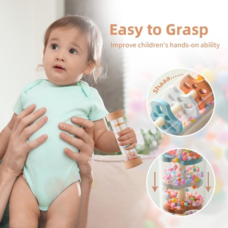 Montessori Baby Regenstab Regenbogen Sanduhr Regen Musik Rassel Baby Lernspielzeug Bunte Montessori Sensorikspielzeuge für Kinder