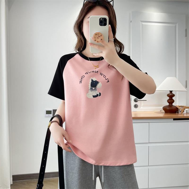 

Plus Size Women s Short Sleeve Color Block Round Neck T-shirt - 2026 Summer Fashion Top 4XL розовый