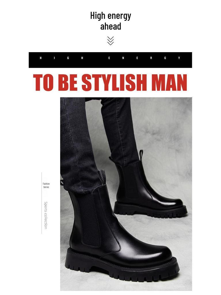 Men's Black British-Style Chelsea Boots: Soft Leather, High Top, Thick Sole, Motorcycle Workwear