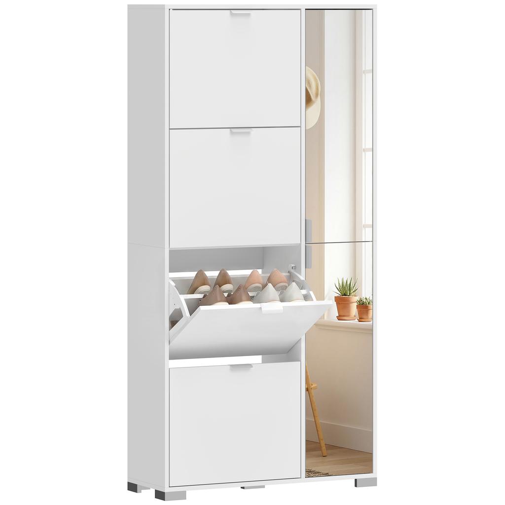 Shoe Rack with Mirror, 4 Flap Drawers, White