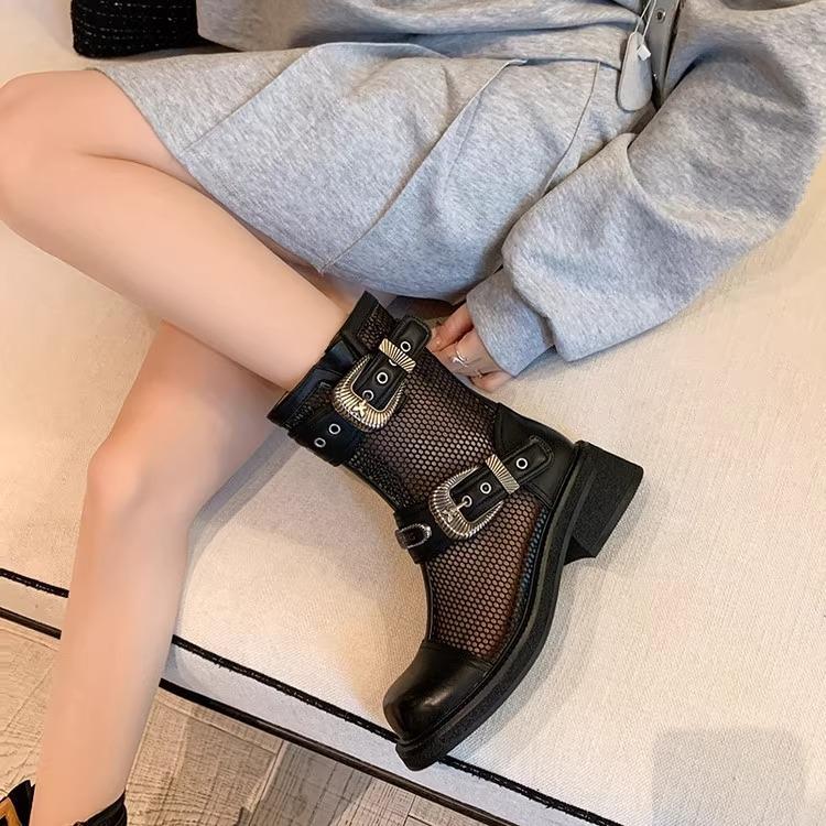 4.5Cm Medium Heel Thick-soled Mesh Boots Women's Summer New Hollow Mesh Thin Short Boots Belt Buckle British Cool Boots