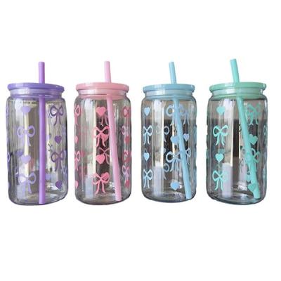 16oz Plastic Travel Cup Straw Lid Decorative Bownot Outdoor Kitchen Water Drinking Cups